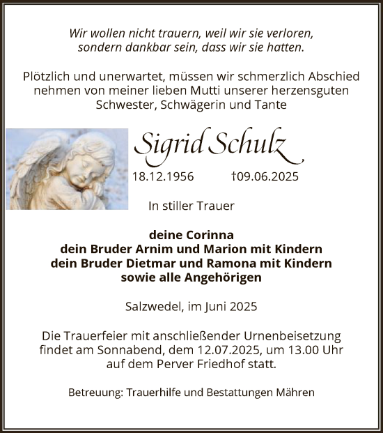 Todesanzeige von Sigrid Schulz von AMZ