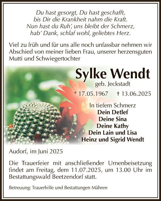 Todesanzeige von Sylke Wendt von AMZ