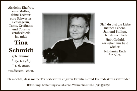 Todesanzeige von Tina Schmidt von IK