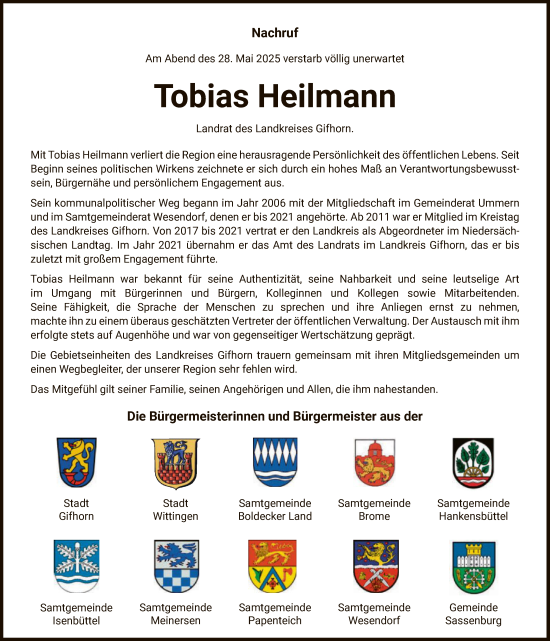 Todesanzeige von Tobias Heilmann von IK