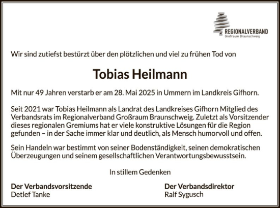 Todesanzeige von Tobias Heilmann von IK