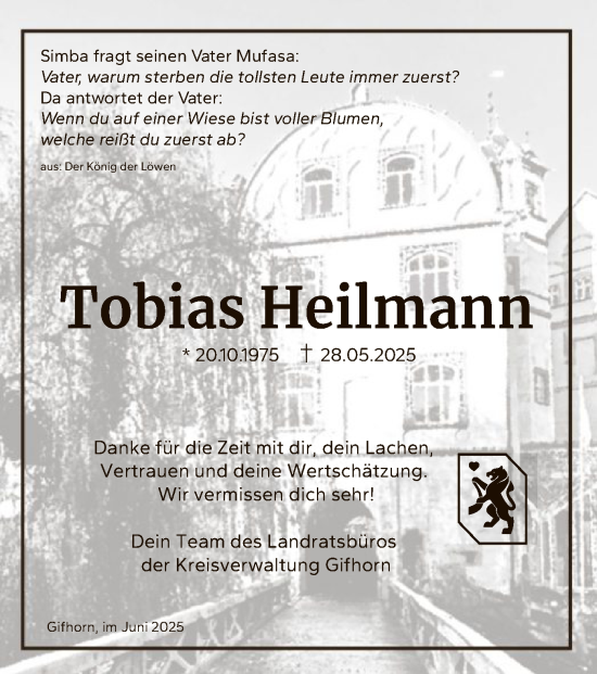 Todesanzeige von Tobias Heilmann von IK