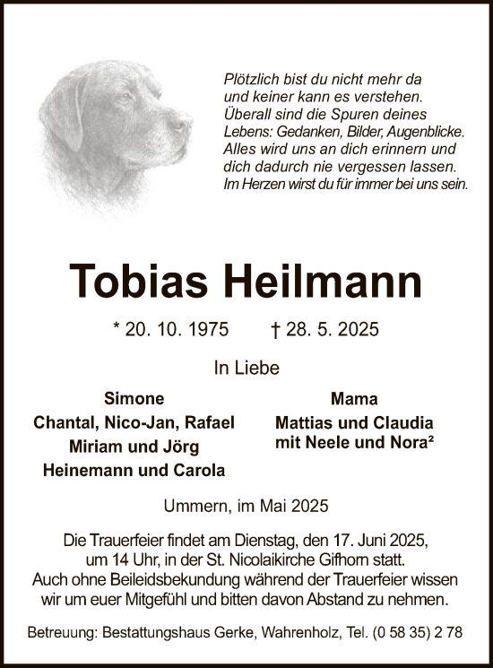 Todesanzeige von Tobias Heilmann von IK