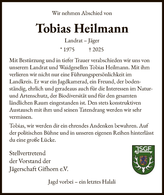 Todesanzeige von Tobias Heilmann von IK