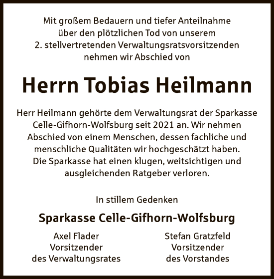 Todesanzeige von Tobias Heilmann von IK