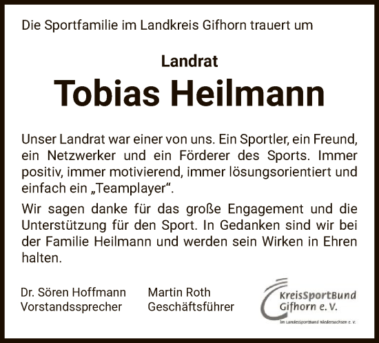 Todesanzeige von Tobias Heilmann von IK