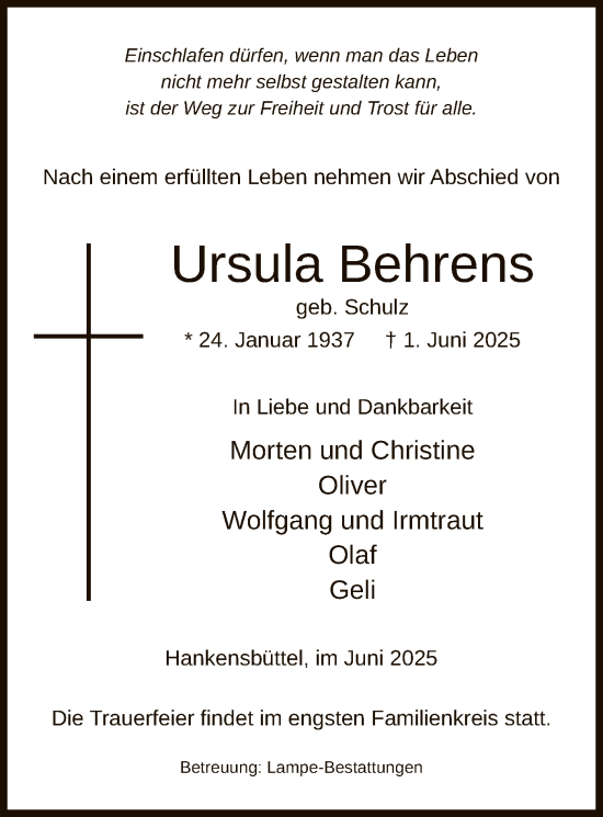 Todesanzeige von Ursula Behrens von IK