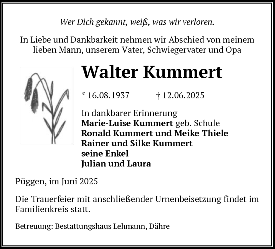 Todesanzeige von Walter Kummert von AMZ