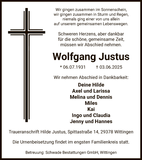 Todesanzeige von Wolfgang Justus von IK