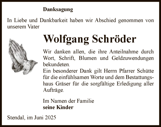 Todesanzeige von Wolfgang Schröder von AMZ