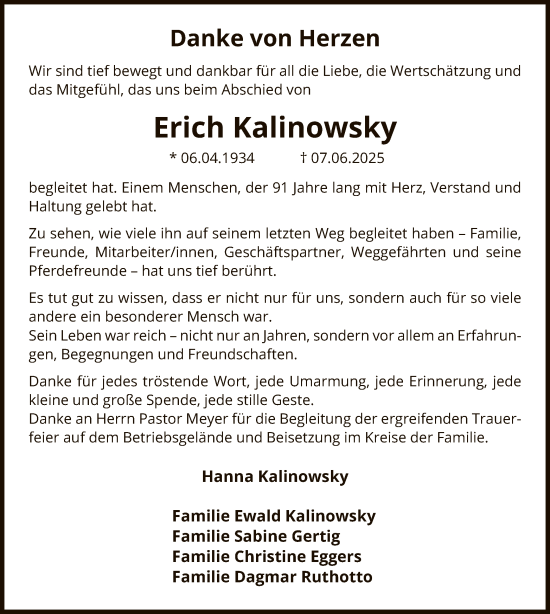 Todesanzeige von Erich Kalinowsky von AZ