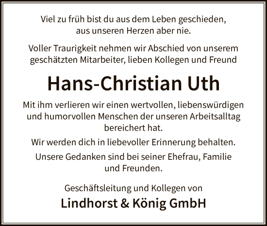 Todesanzeige von Hans-Christian Uth von AZ