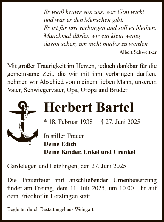 Todesanzeige von Herbert Bartel von AMZ