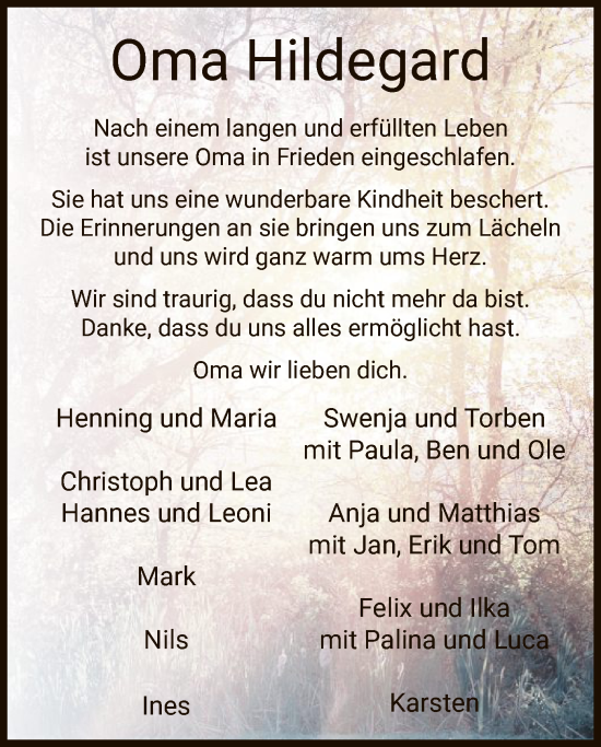 Todesanzeige von Hildegard  von IK