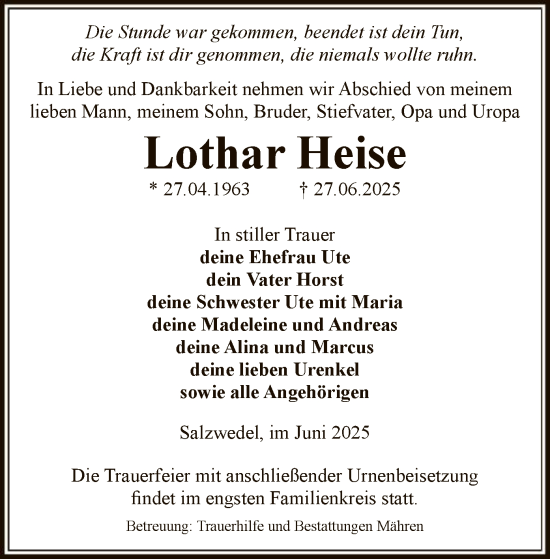 Todesanzeige von Lothar Heise von AMZ
