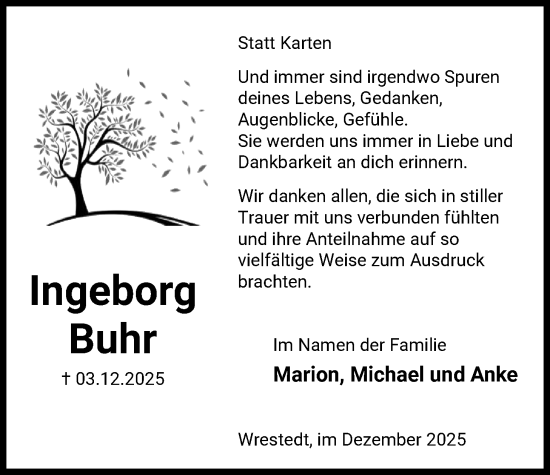 Todesanzeige von Ingeborg Buhr von AZ