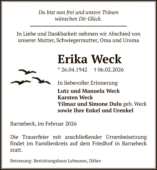 Todesanzeige von Erika Weck von AMZ