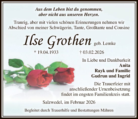 Todesanzeige von Ilse Grothen von AMZ
