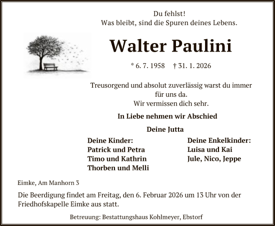 Todesanzeige von Walter Paulini von AZ