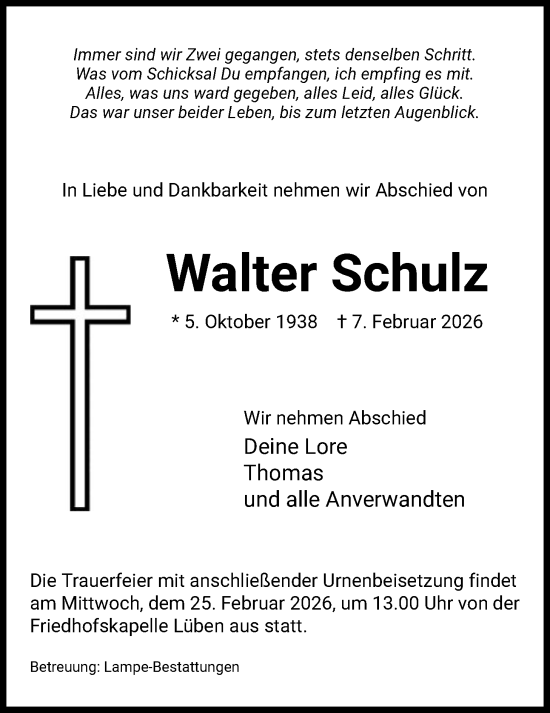 Todesanzeige von Walter Schulz von IK